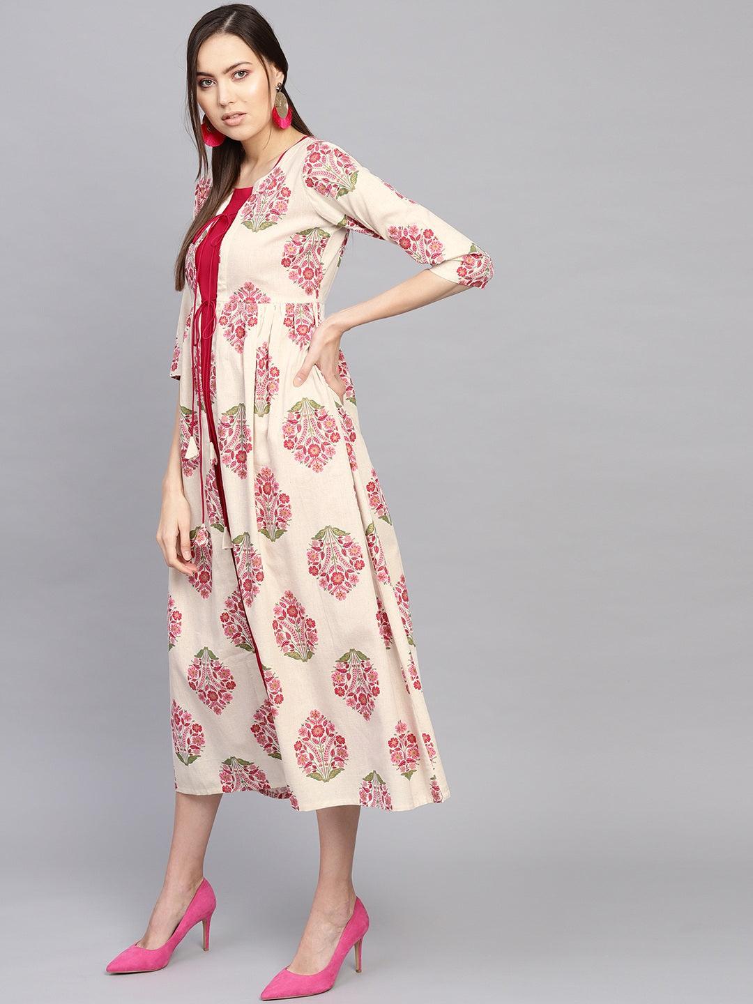 Pink Printed Rayon Dress With Jacket