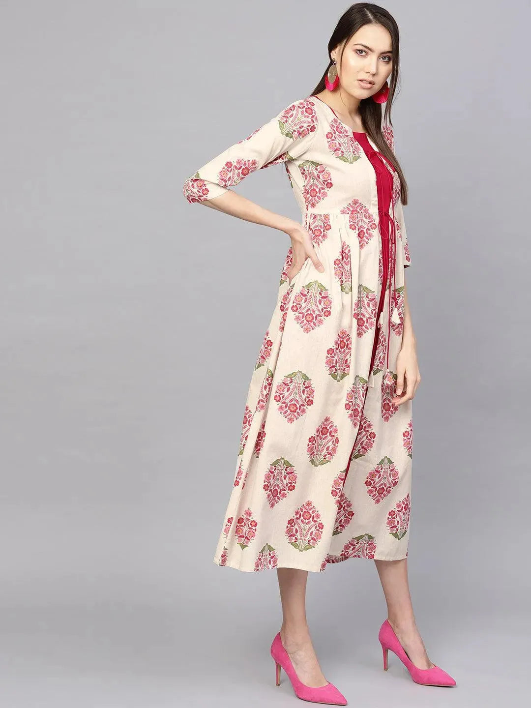 Pink Printed Rayon Dress With Jacket - Libas 