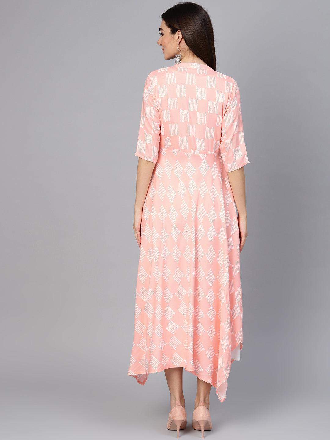 Pink Printed Rayon Dress With Jacket