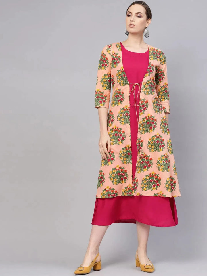 Pink Printed Rayon Dress With Shrug - Libas