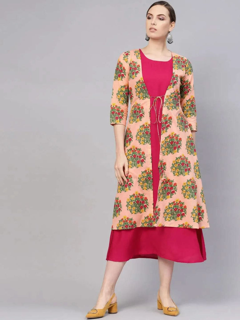 Libas Pink Printed Rayon Dress With Shrug