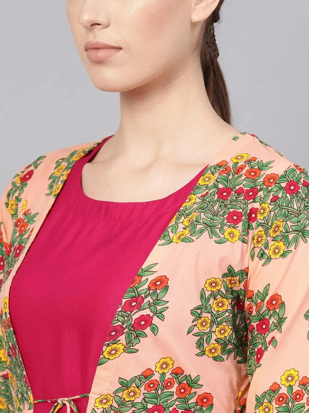 Pink Printed Rayon Dress With Shrug - Libas