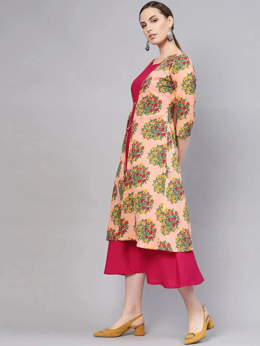 Pink Printed Rayon Dress With Shrug - Libas