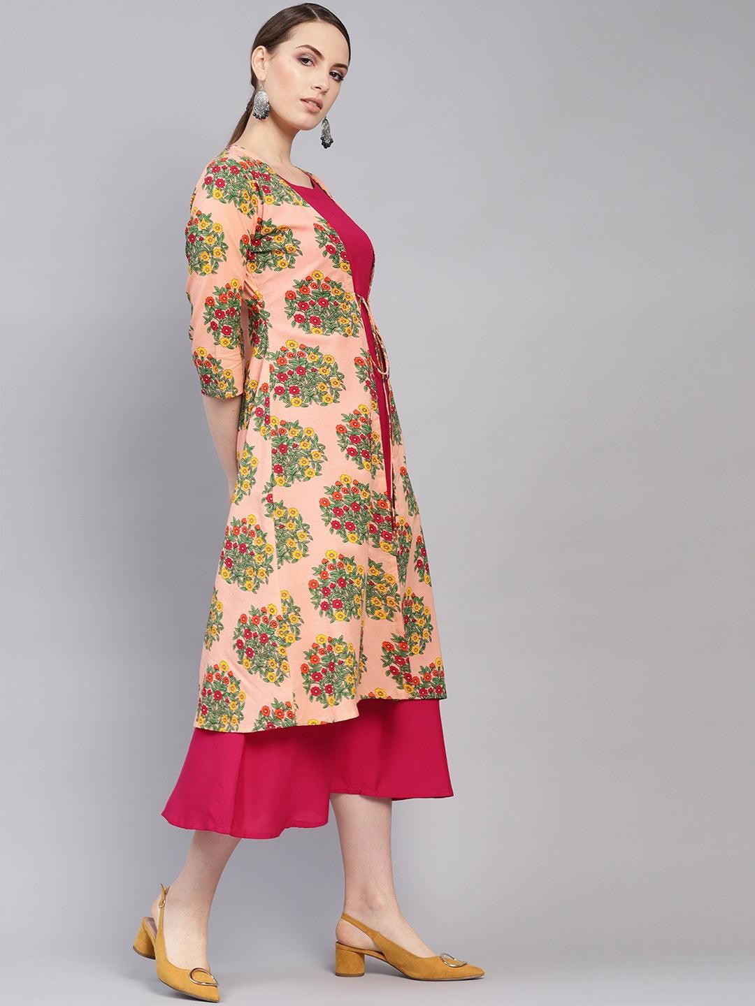 Pink Printed Rayon Dress With Shrug - Libas