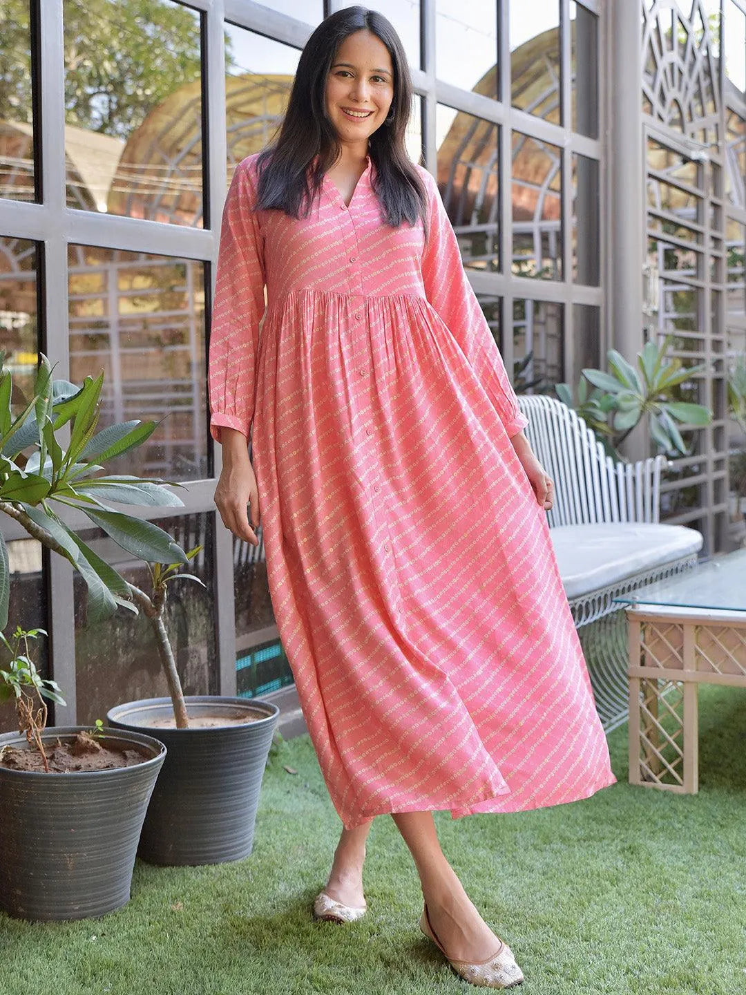 Pink Printed Rayon Fit and Flare Dress - Libas