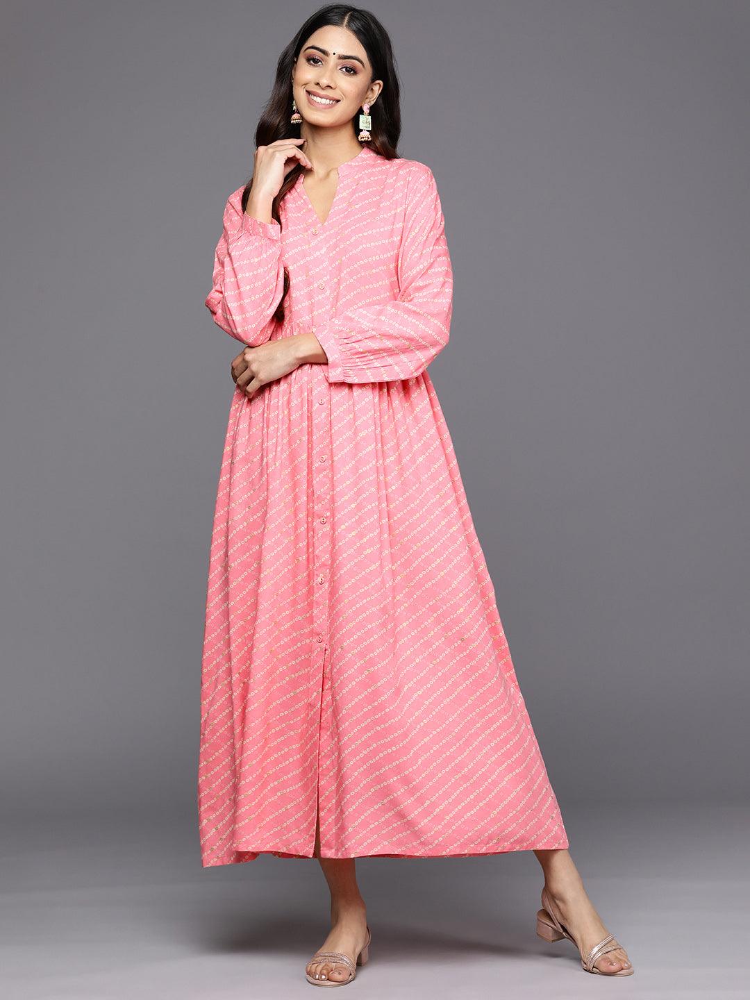 Pink Printed Rayon Fit and Flare Dress