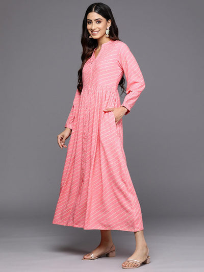 Pink Printed Rayon Fit and Flare Dress - Libas
