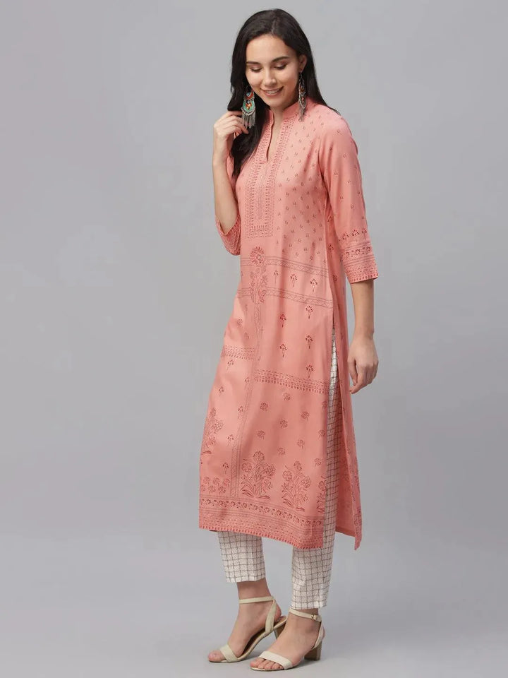 Pink Printed Rayon Kurta - Libas