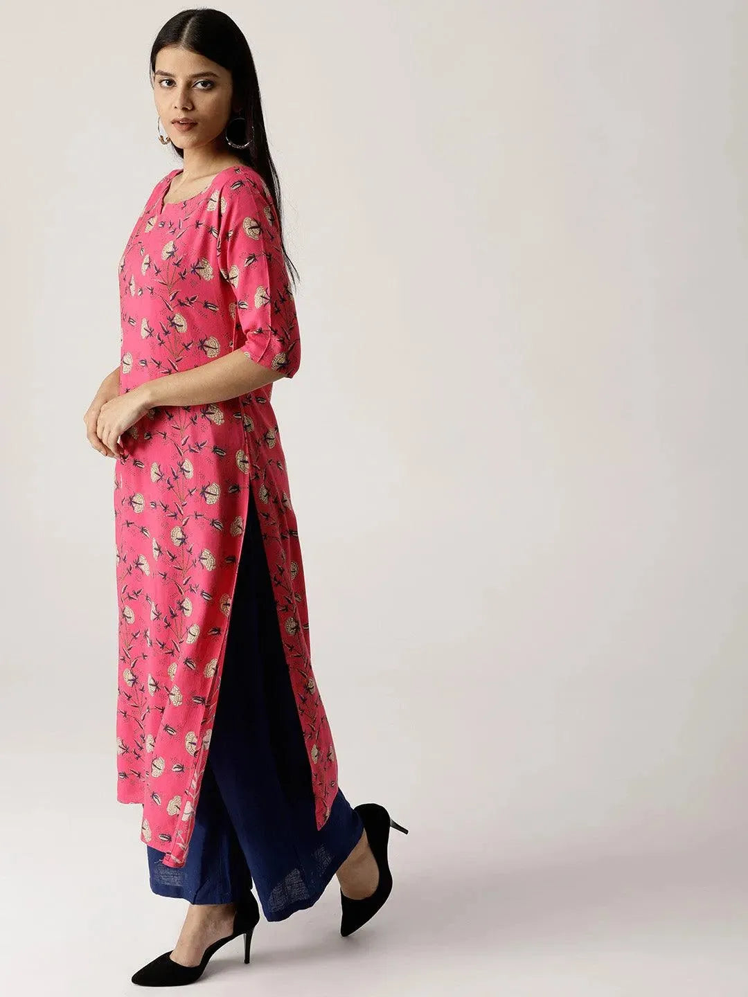 Pink Printed Rayon Kurta - Libas