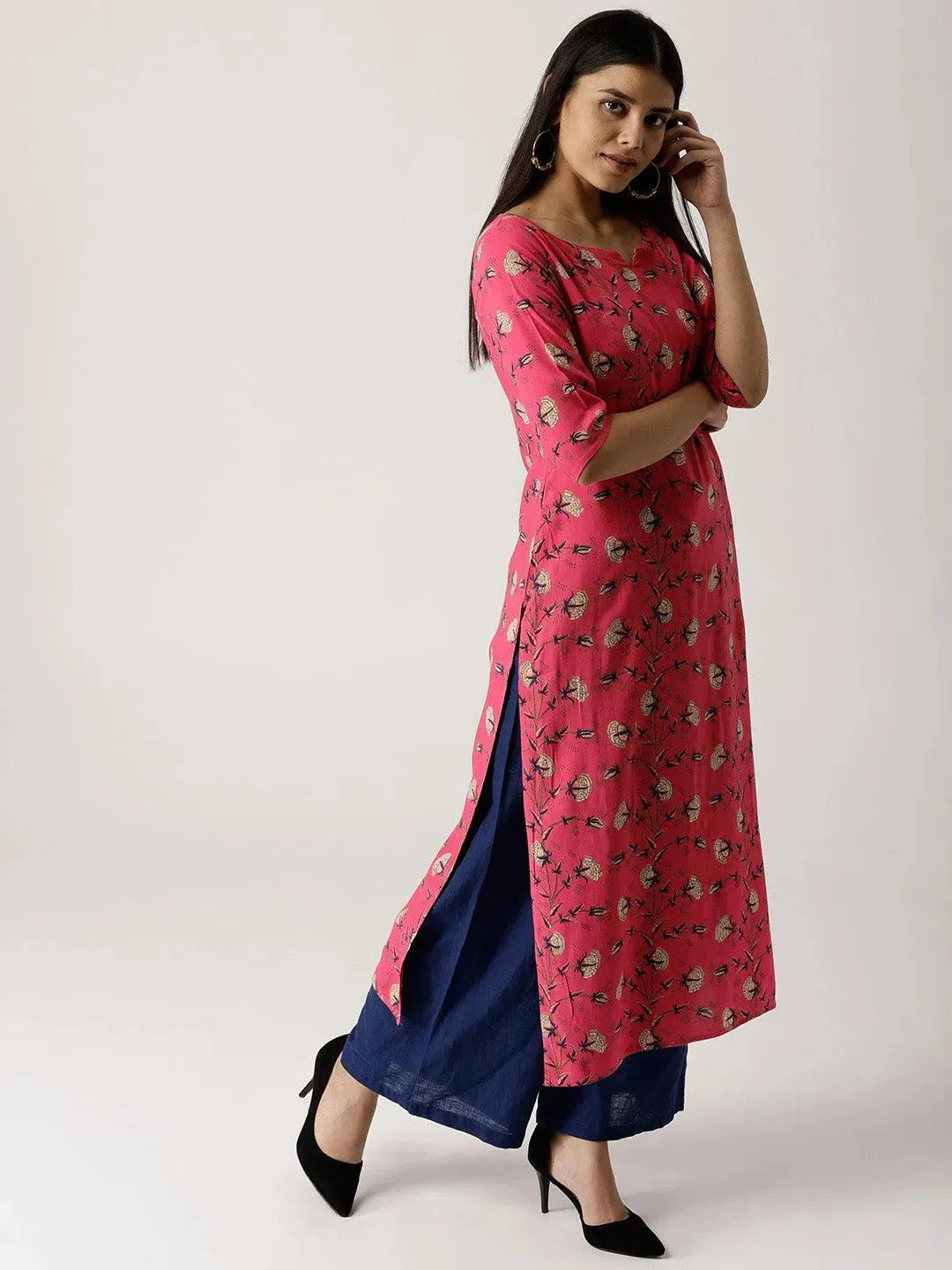 Pink Printed Rayon Kurta - Libas