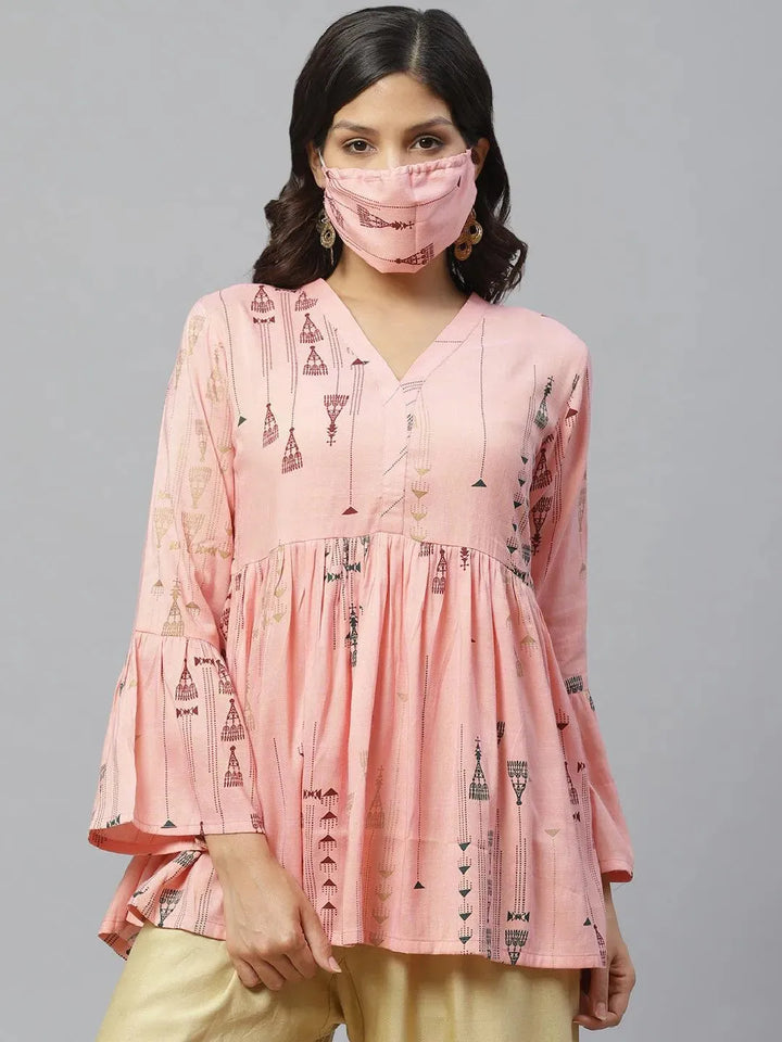 Pink Printed Rayon Kurti With Mask - Libas