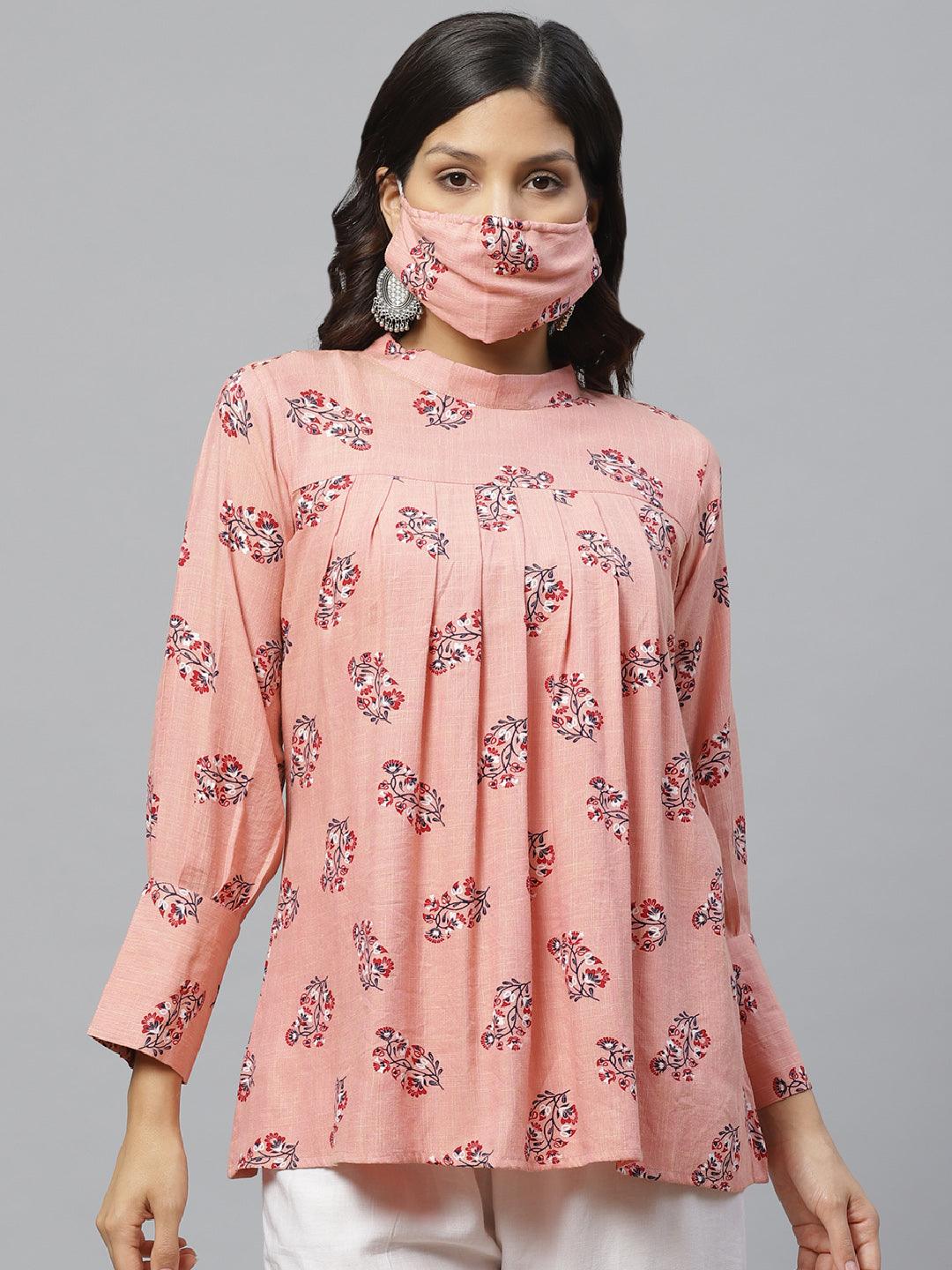 Pink Printed Rayon Kurti With Mask - Libas