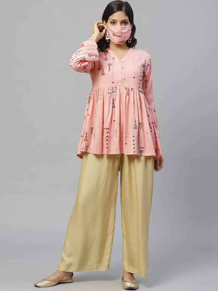 Pink Printed Rayon Kurti With Mask - Libas