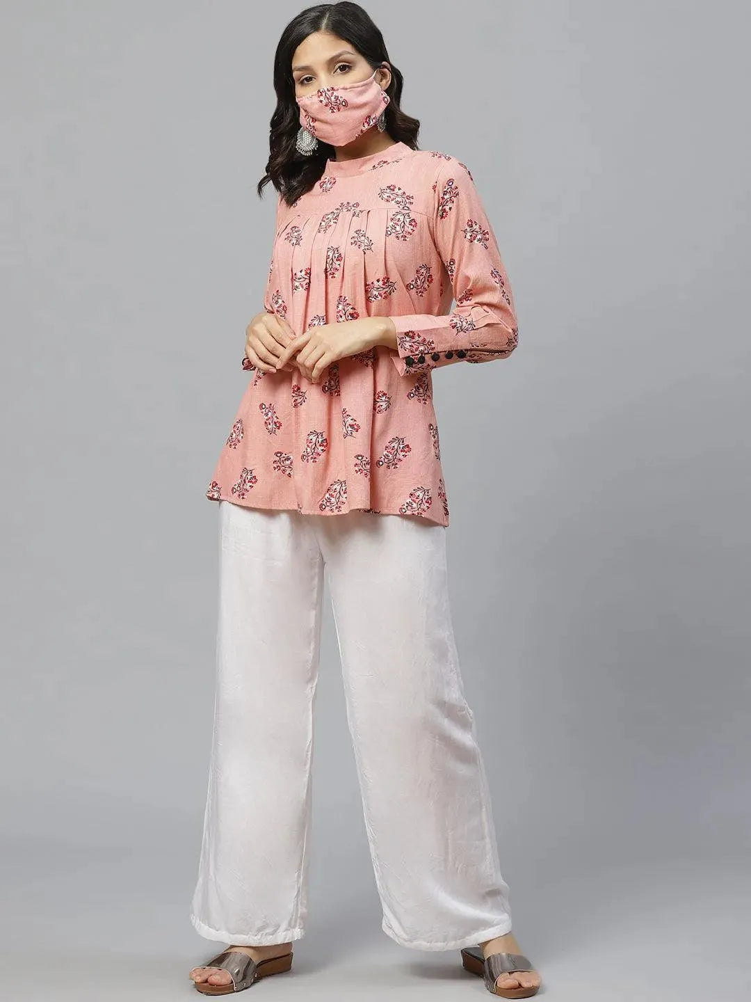 Pink Printed Rayon Kurti With Mask - Libas 
