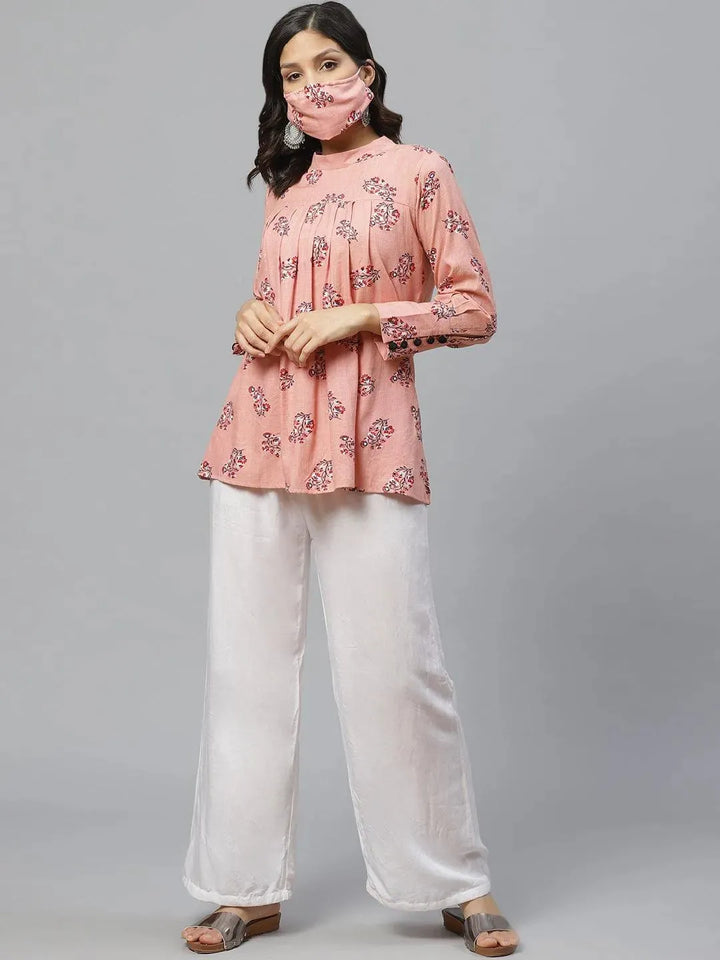 Pink Printed Rayon Kurti With Mask - Libas
