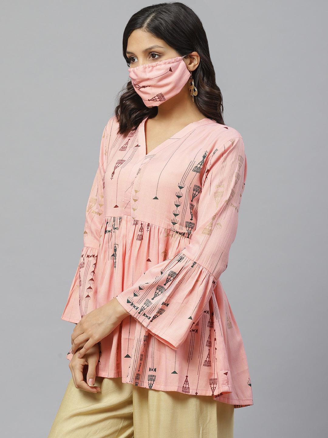 Pink Printed Rayon Kurti With Mask