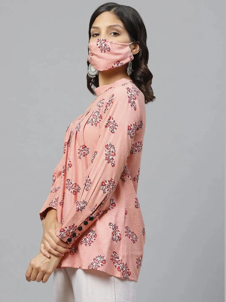 Pink Printed Rayon Kurti With Mask - Libas