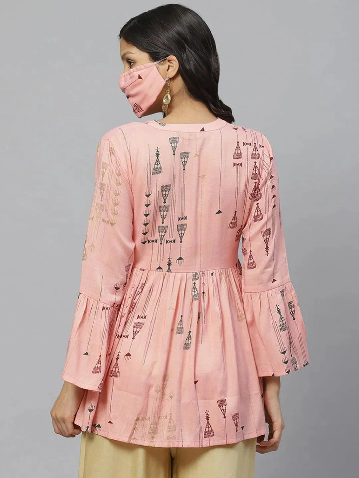 Pink Printed Rayon Kurti With Mask - Libas