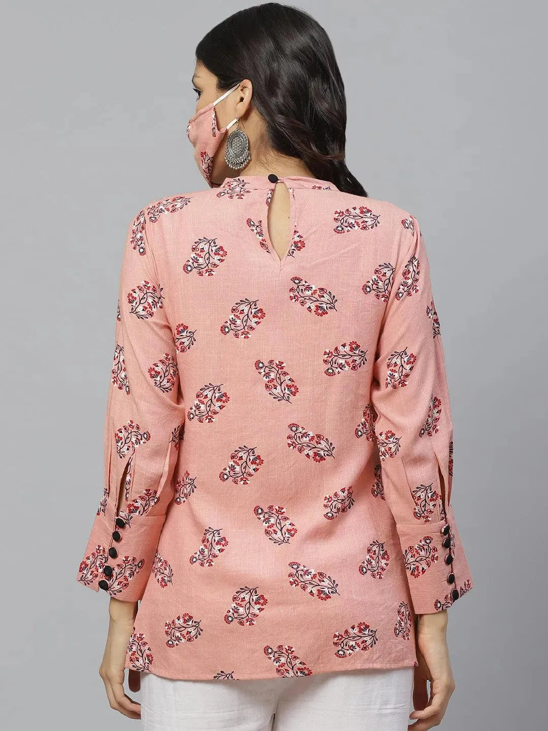 Pink Printed Rayon Kurti With Mask - Libas 