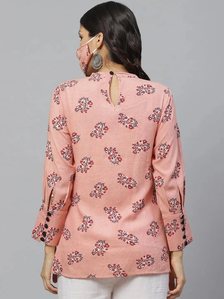 Pink Printed Rayon Kurti With Mask - Libas