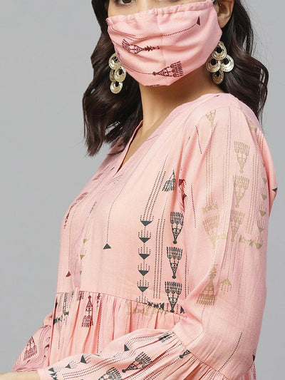 Pink Printed Rayon Kurti With Mask - Libas
