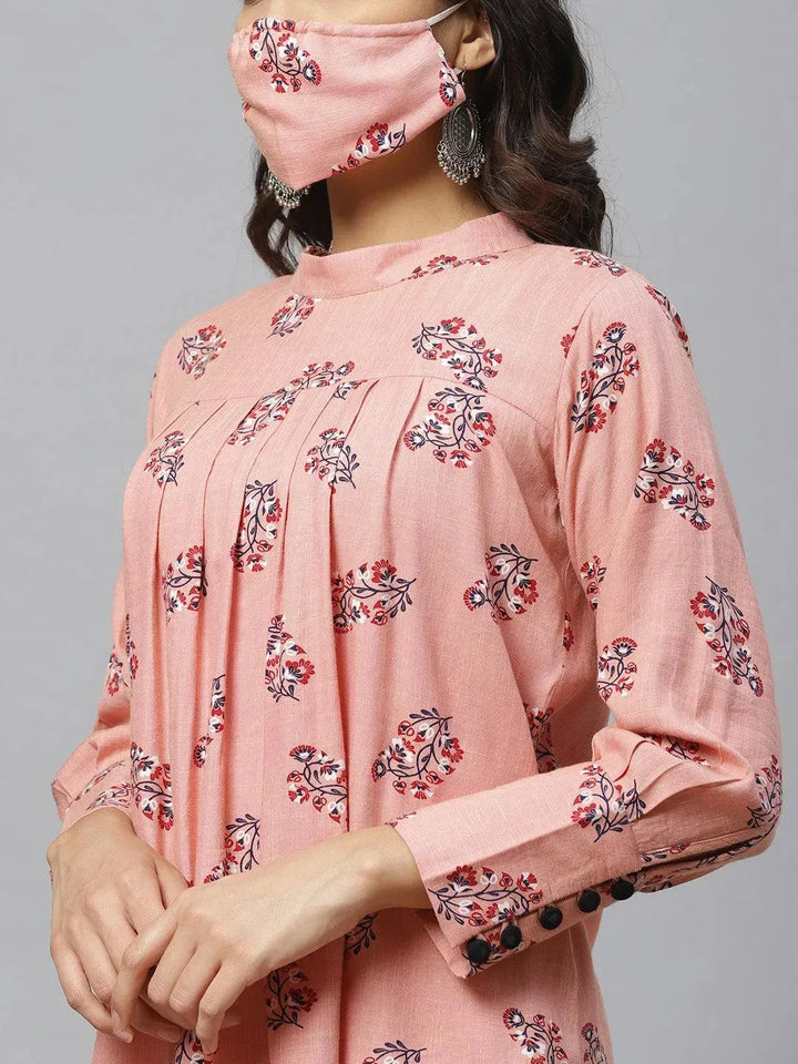 Pink Printed Rayon Kurti With Mask - Libas