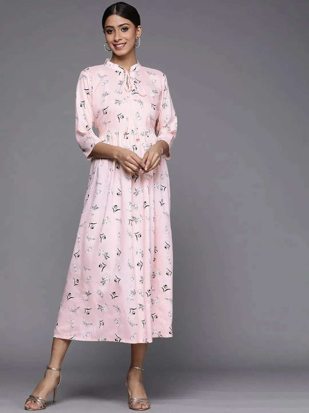 Pink Printed Rayon Maxi Dress - Libas