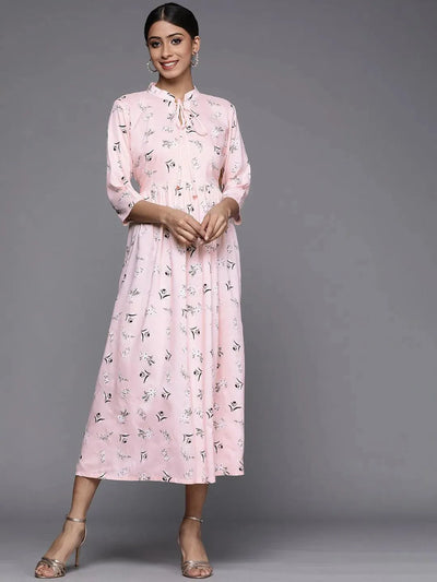 Pink Printed Rayon Maxi Dress - Libas