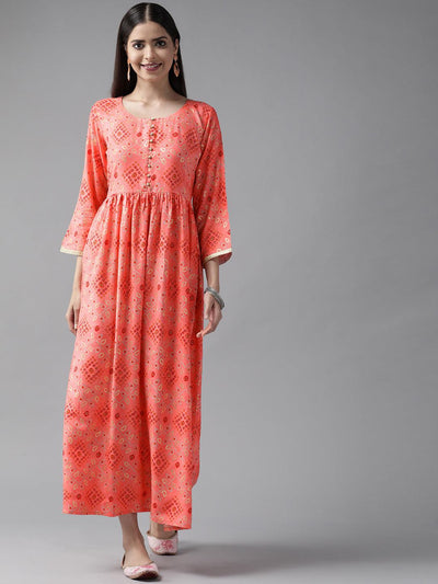 Pink Printed Rayon Maxi Dress - Libas