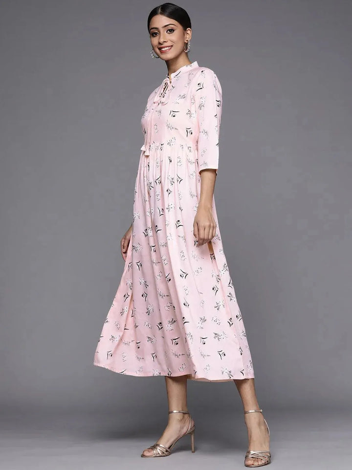 Pink Printed Rayon Maxi Dress - Libas