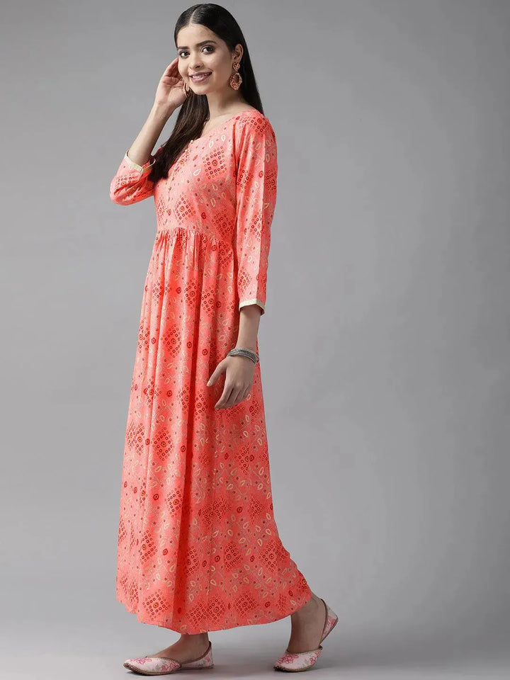 Pink Printed Rayon Maxi Dress - Libas