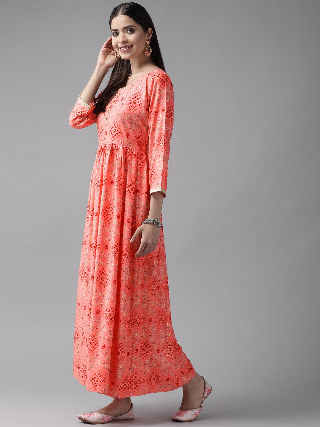 Pink Printed Rayon Maxi Dress - Libas