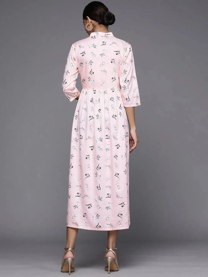 Pink Printed Rayon Maxi Dress - Libas