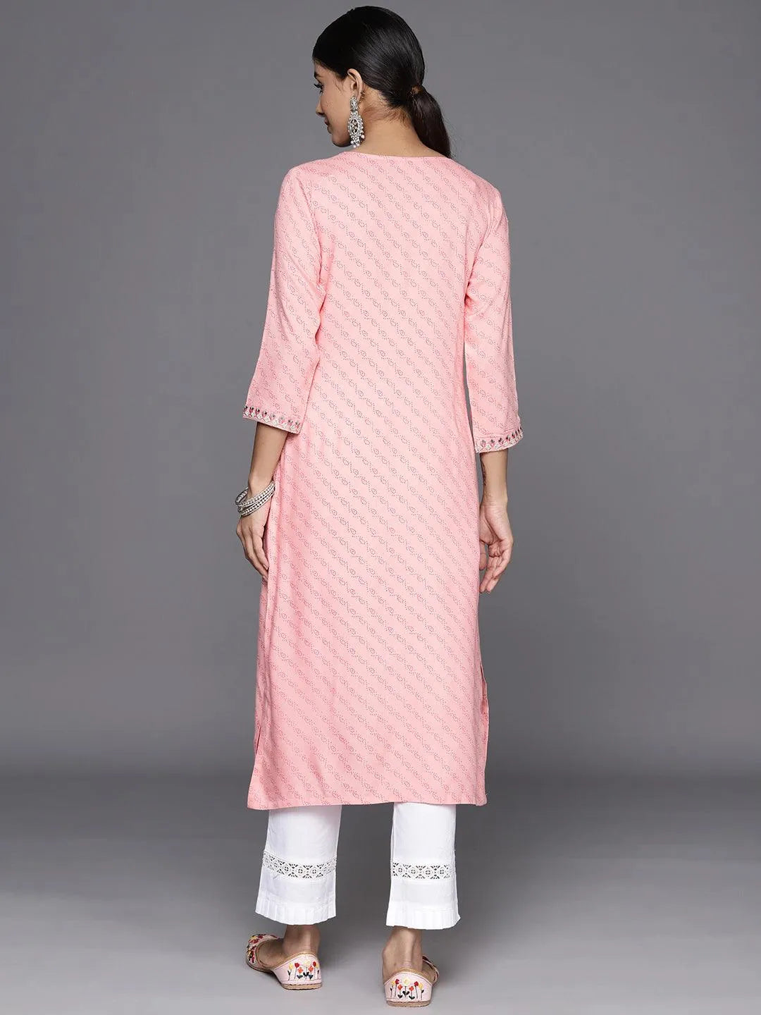 Pink Printed Rayon Straight Kurta - Libas 