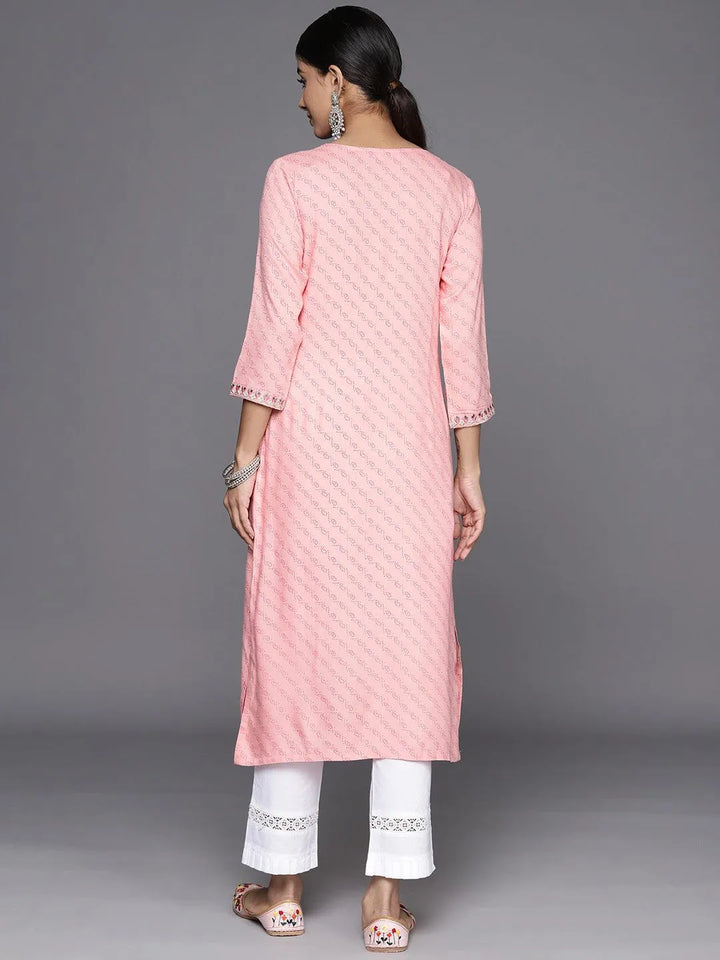 Pink Printed Rayon Straight Kurta - Libas