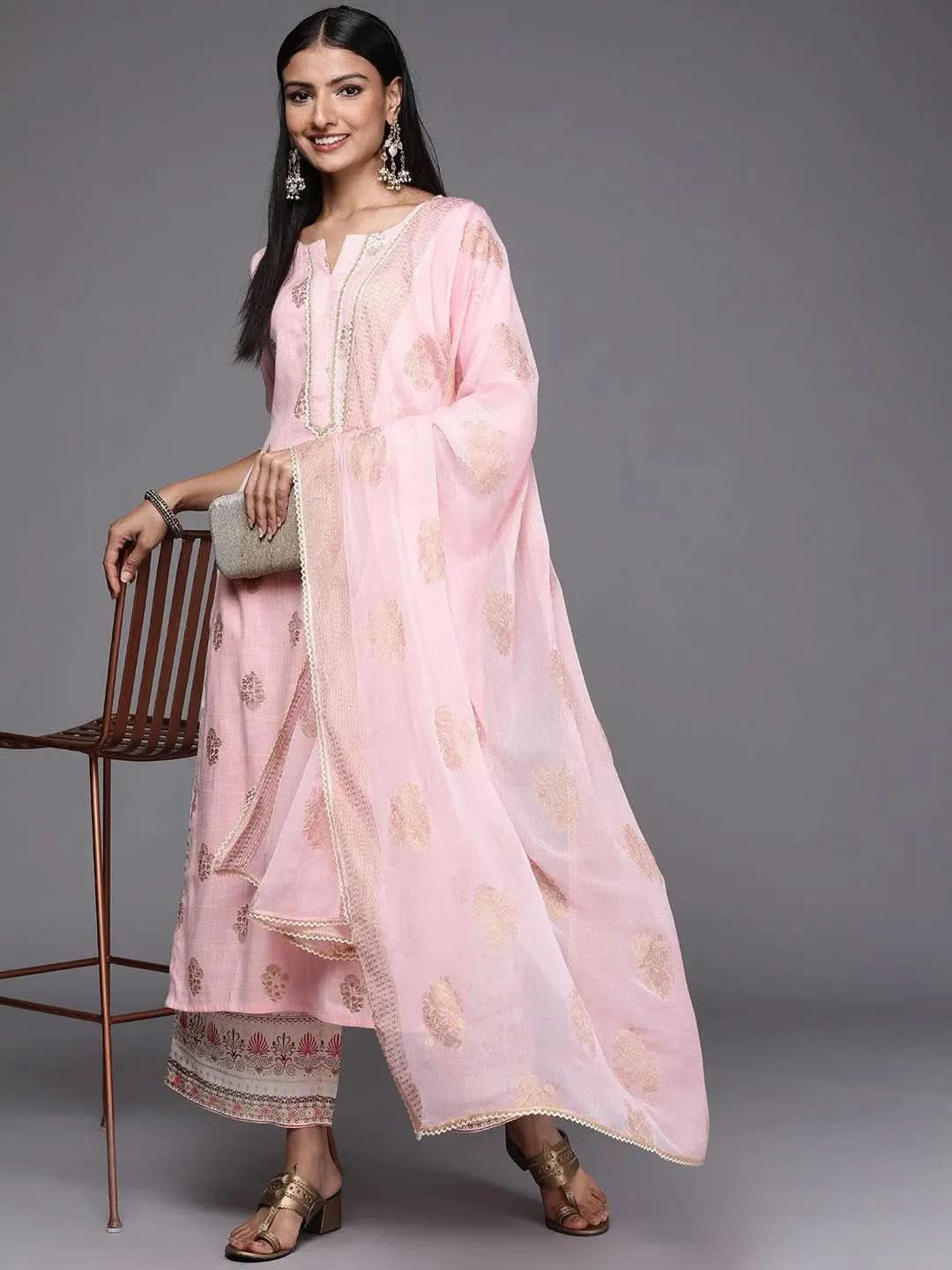 Pink Printed Rayon Straight Suit Set - Libas 