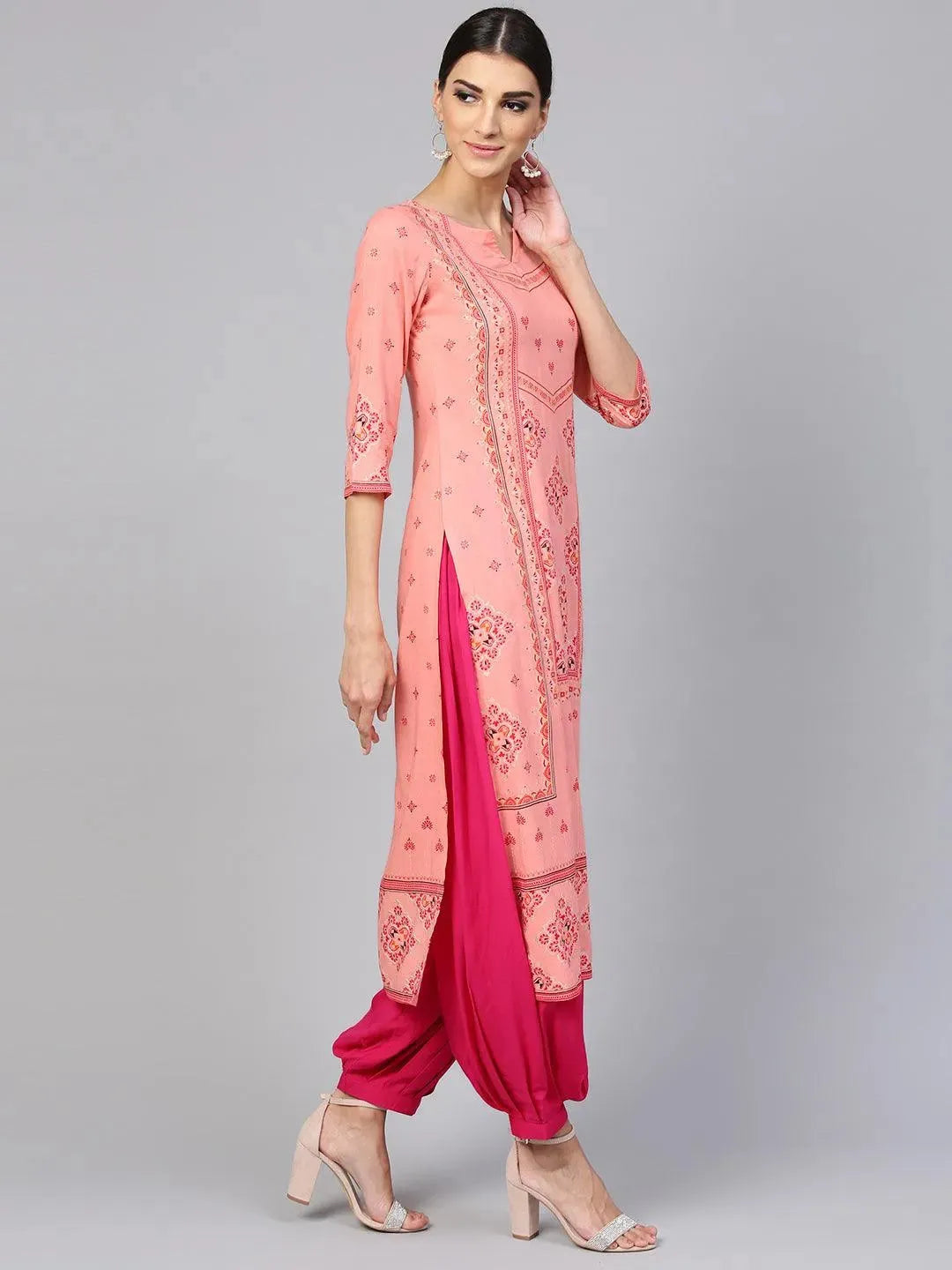 Pink Printed Rayon Kurta Set - Libas 