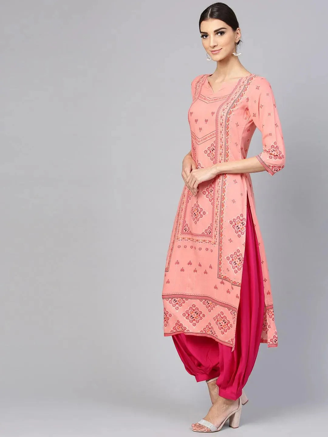 Pink Printed Rayon Kurta Set - Libas 