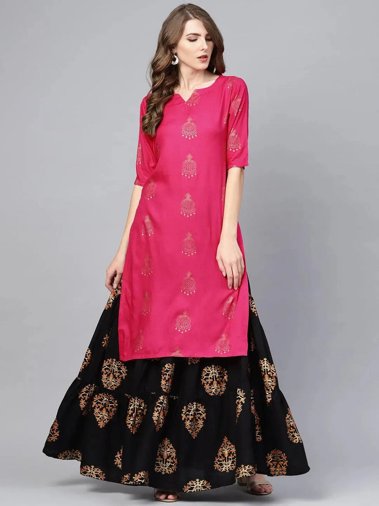 Libas Pink Printed Rayon Straight Kurta With Skirt