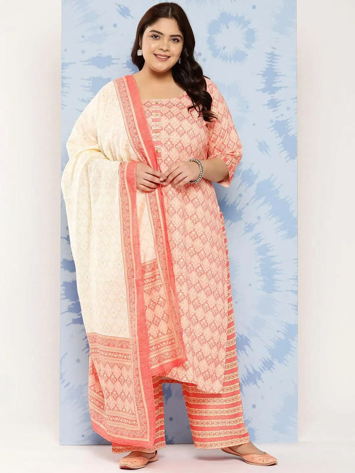 Pink Printed Rayon Straight Kurta With Trousers and Dupatta - Libas