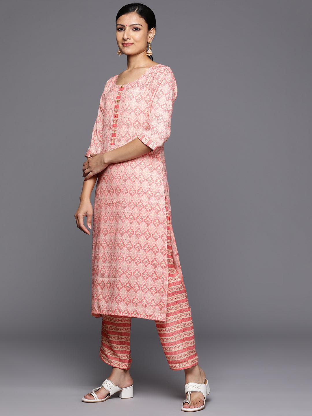 Pink Printed Rayon Straight Kurta With Trousers & Dupatta