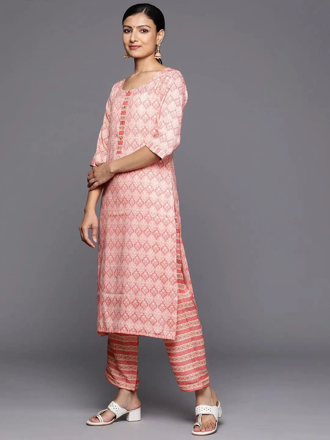Pink Printed Rayon Straight Kurta With Trousers & Dupatta - Libas 