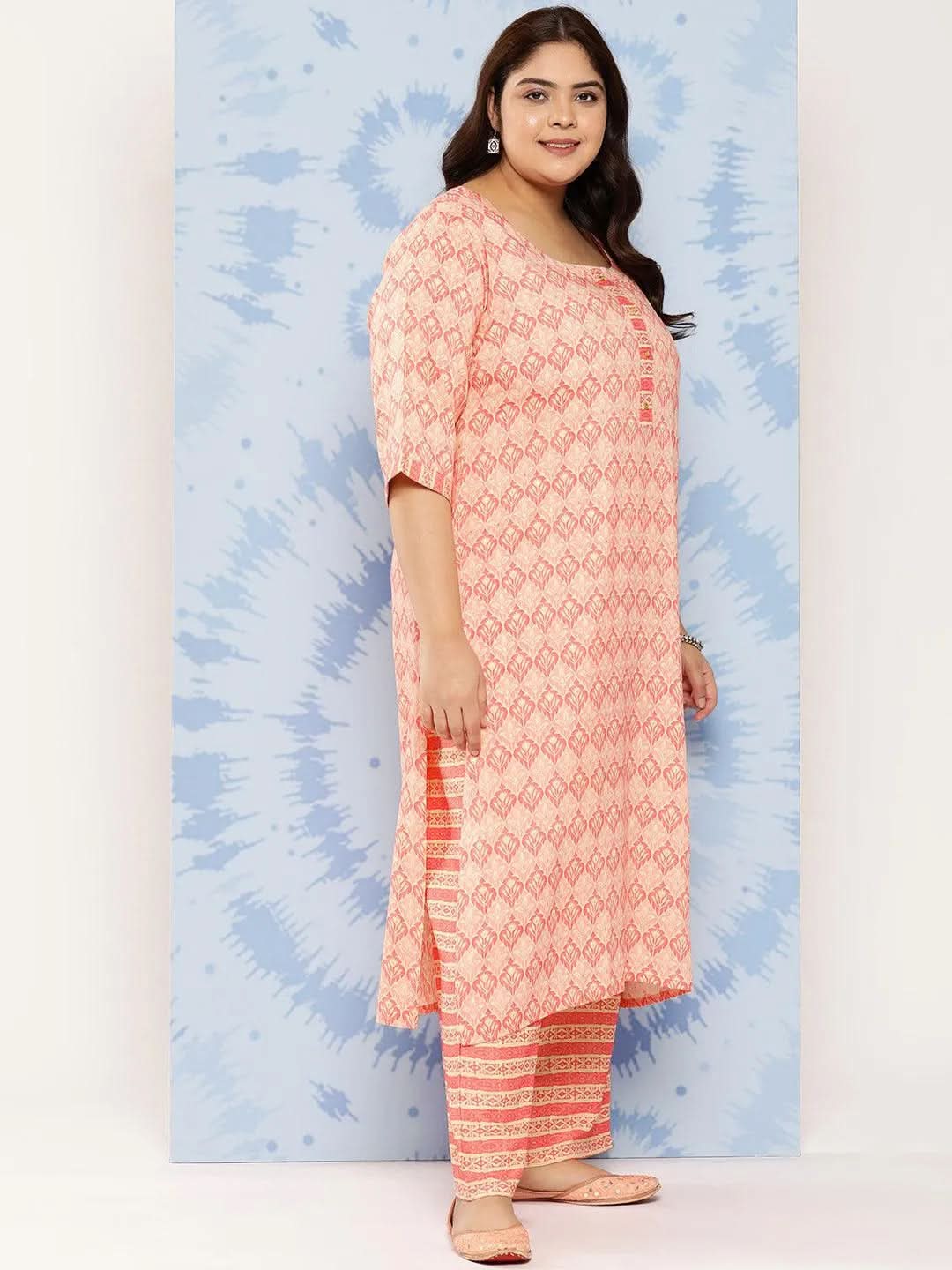 Pink Printed Rayon Straight Kurta With Trousers and Dupatta - Libas 