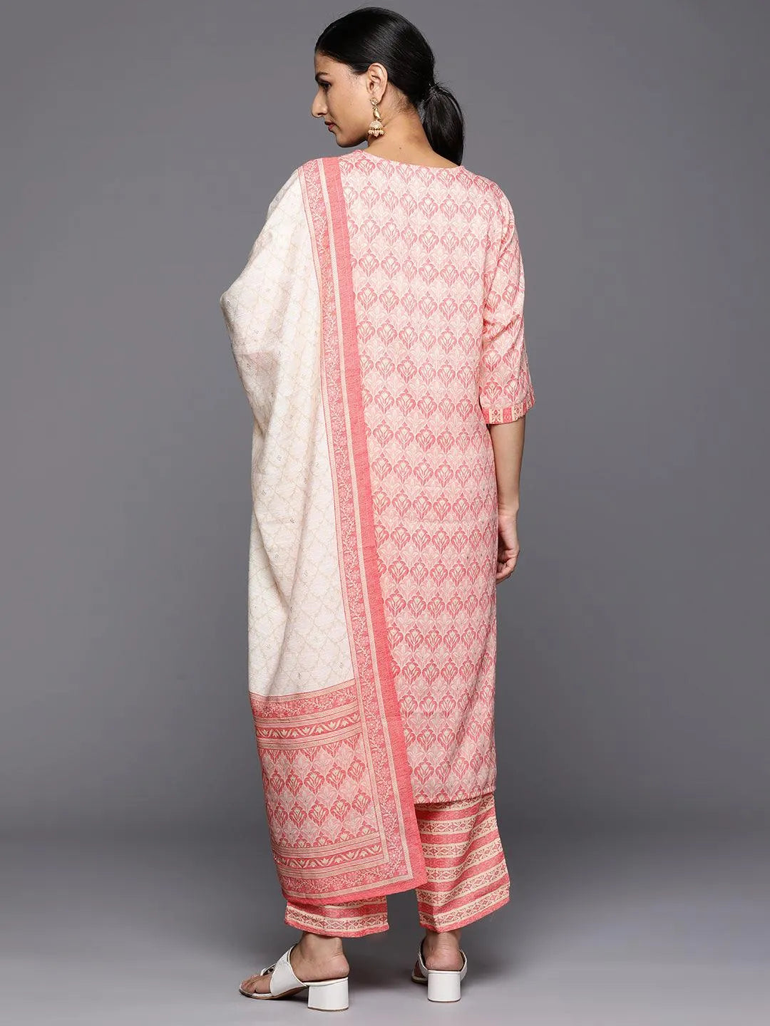 Pink Printed Rayon Straight Kurta With Trousers & Dupatta - Libas 