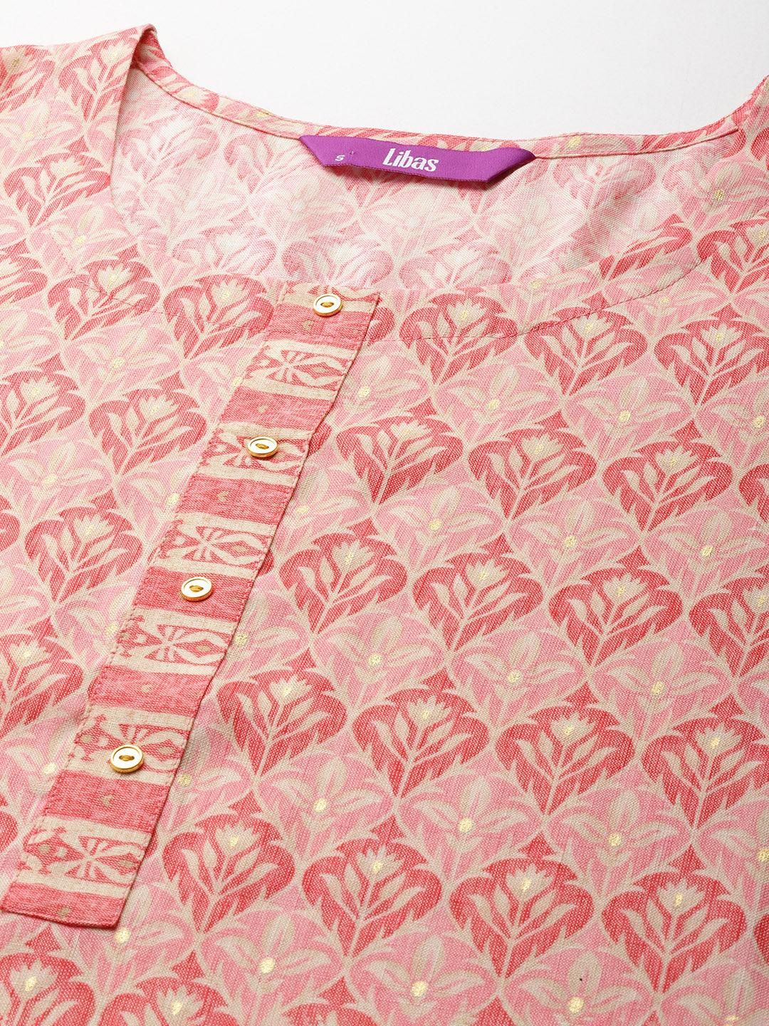 Pink Printed Rayon Straight Kurta With Trousers & Dupatta - Libas
