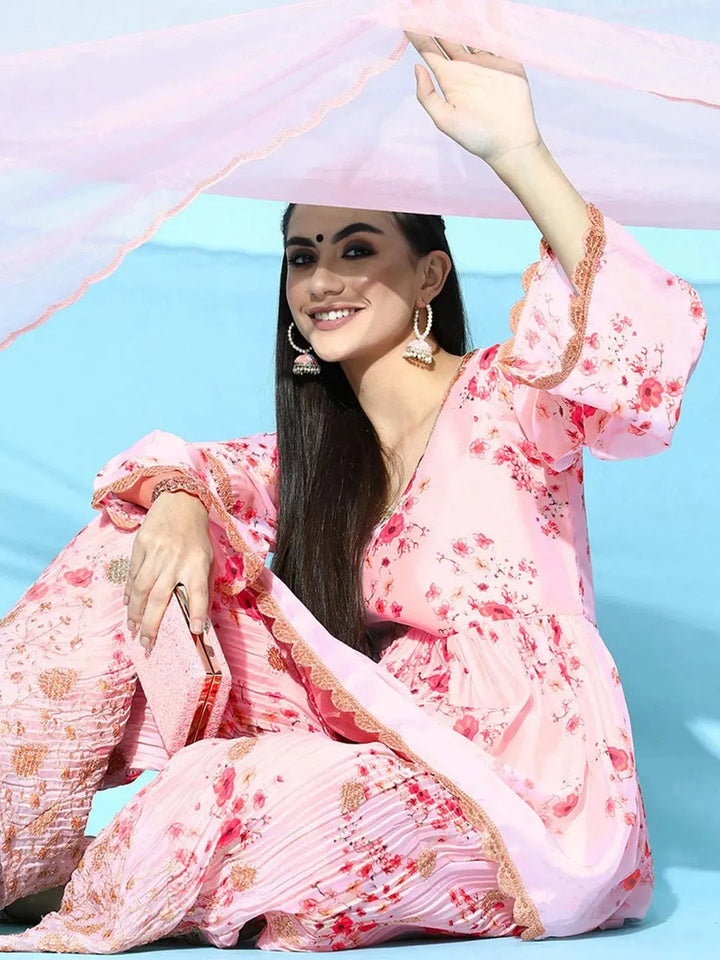 Pink Printed Satin Anarkali Suit Set - Libas