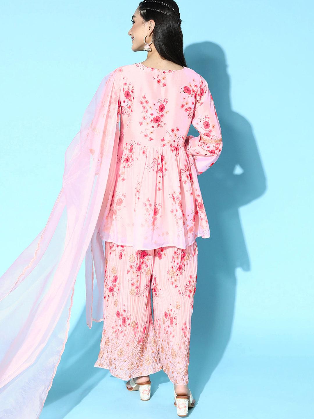 Pink Printed Satin Anarkali Sharara Suit Set With Dupatta