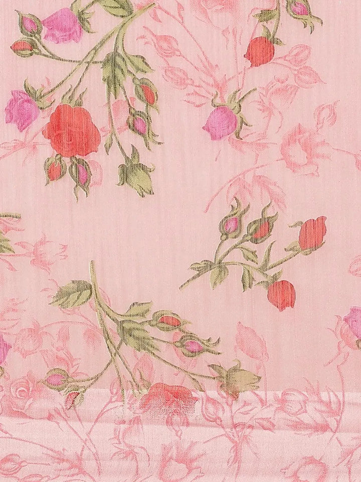 Pink Printed Satin Saree - Libas