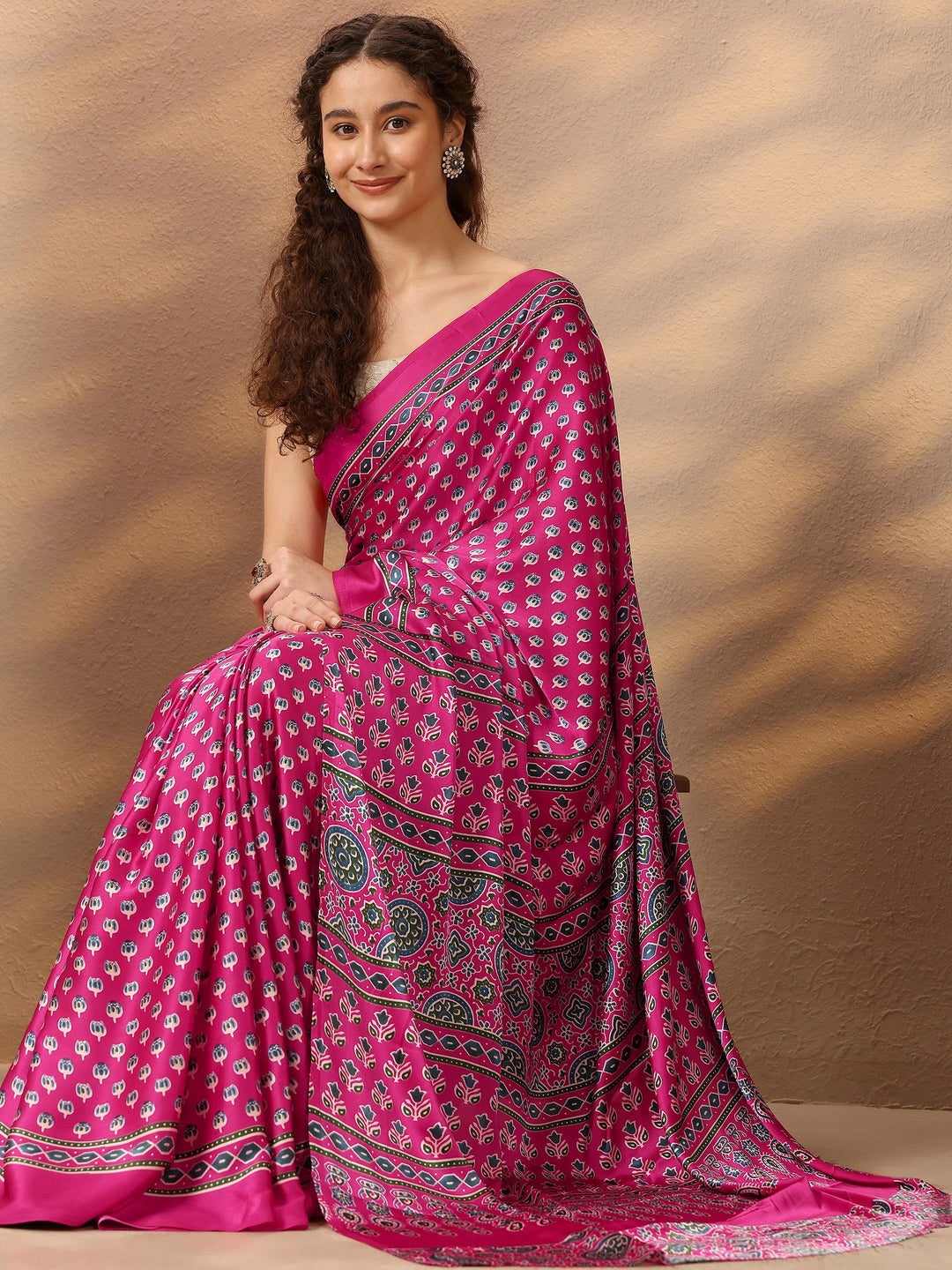 Pink Printed Satin Saree With Unstitched Blouse Piece