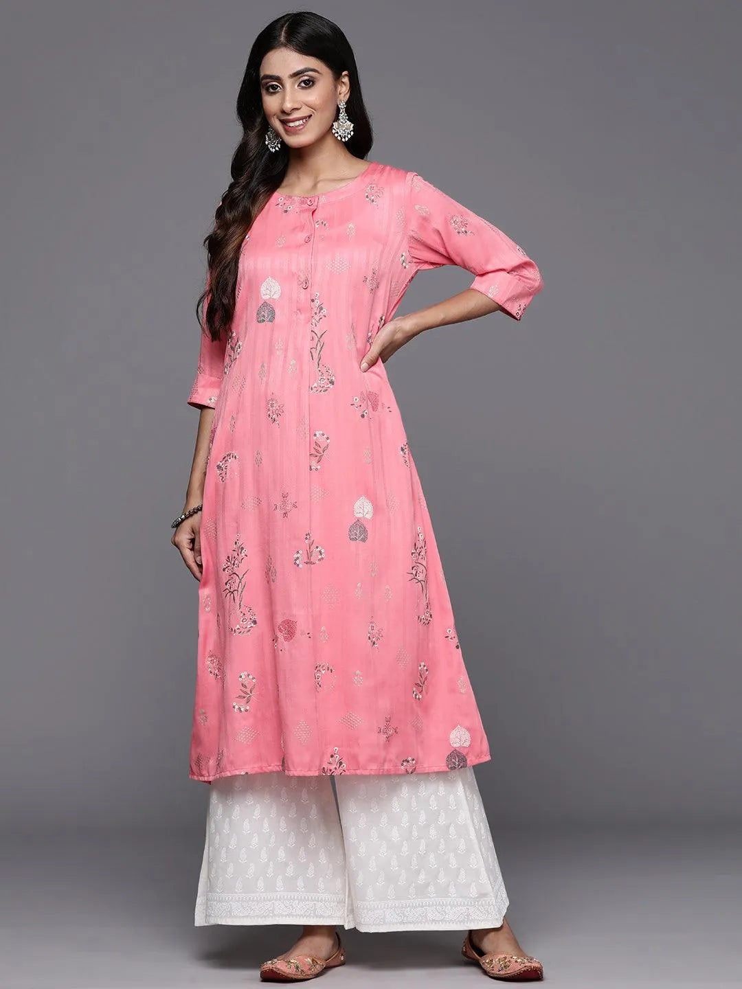 Pink Printed Silk A-Line Kurta - Libas